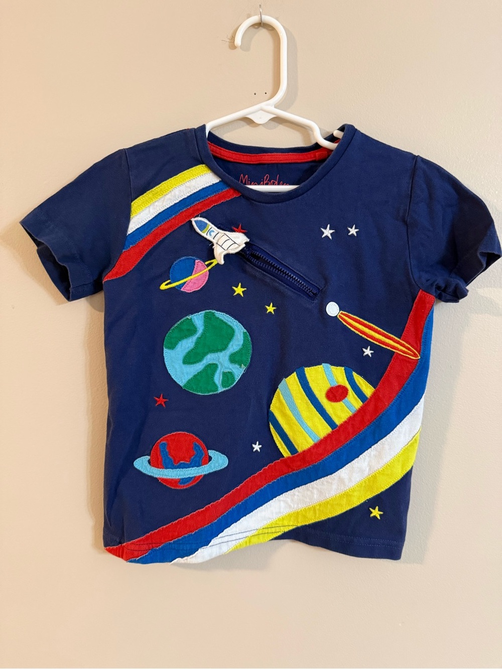 Mini Boden Navy Space Rocket Appliqué Kids Tee 4-5